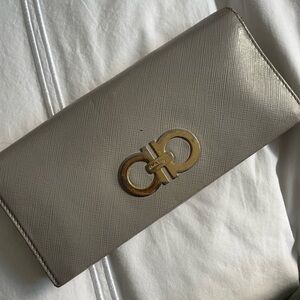 Beige/Grey Ferragamo Leather Long Wallet with Gold Accents - authentic, used